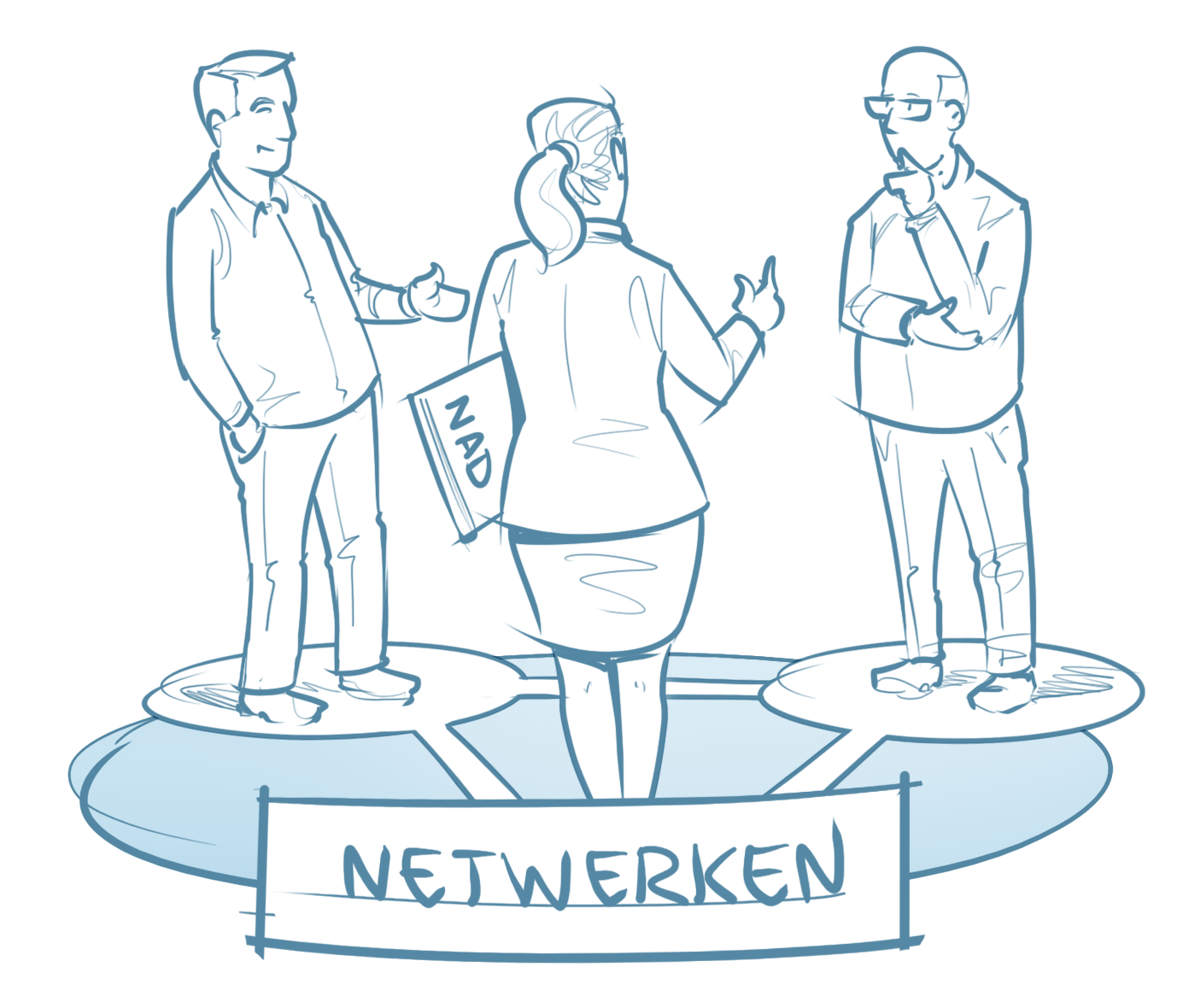 Illustratie van drie mensen in gesprek, verbeelding van het netwerken in het NAD.